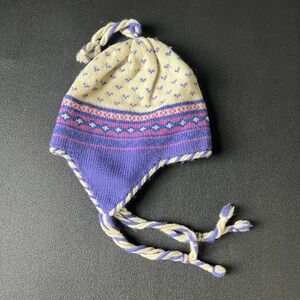 Vtg Top Notch Knits Kids Wool Earflap Hat Purple Fair Isle Nordic Handmade USA